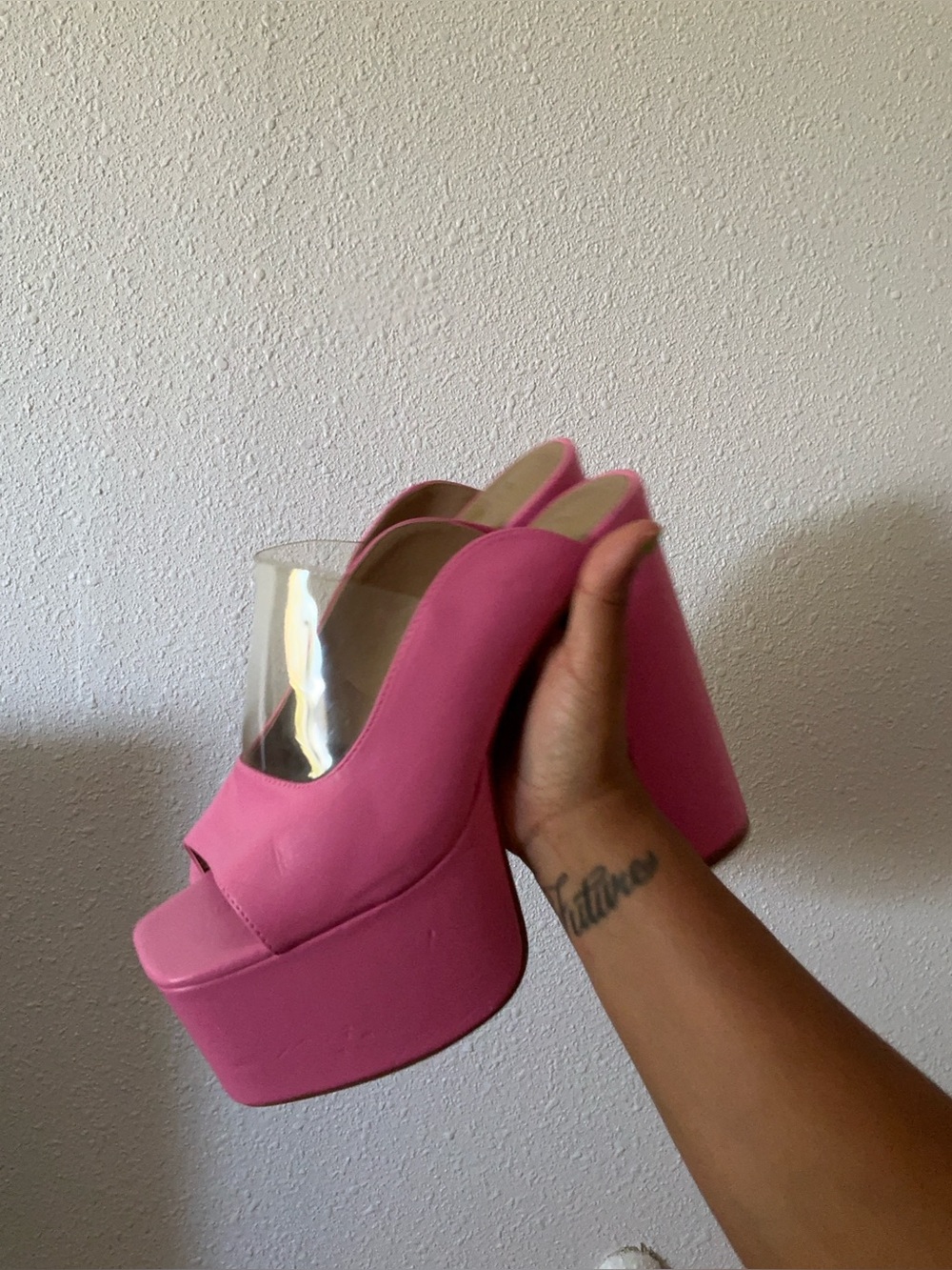 Women’s Pink Platform Mule Heels with Clear Strap